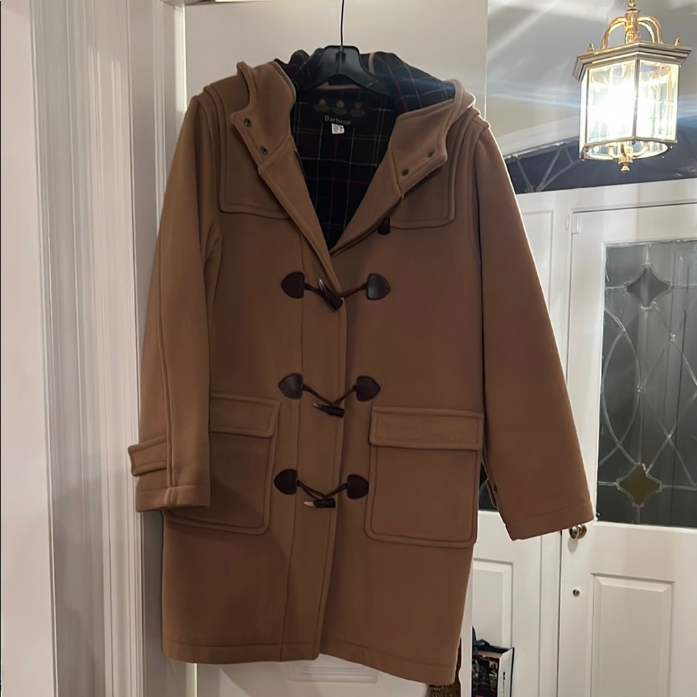 Barbour Tan Pea Coat with Woolen Material and Knee-Length Design